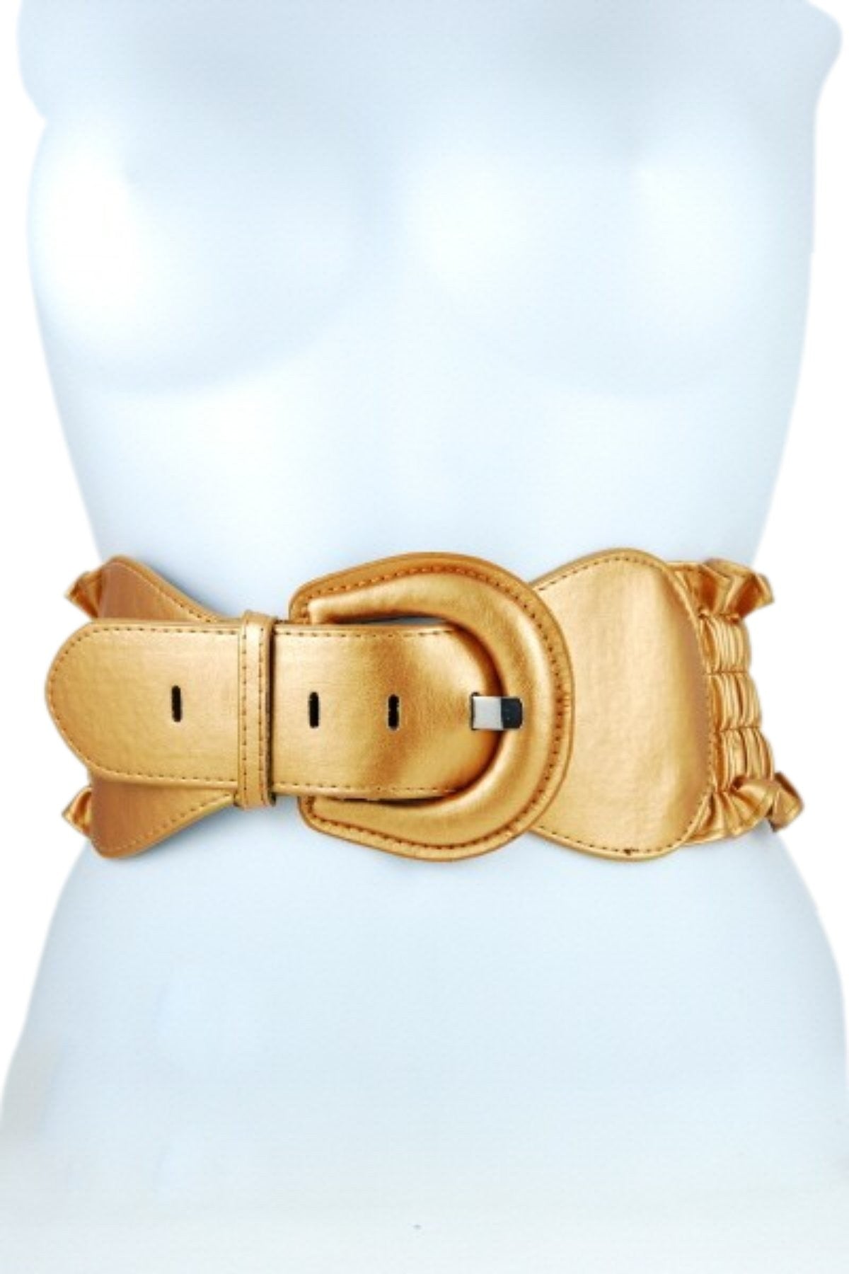 Adjustable & Flexible Band with silvertone buckle and faux leather material, approximately 4 inches wide.