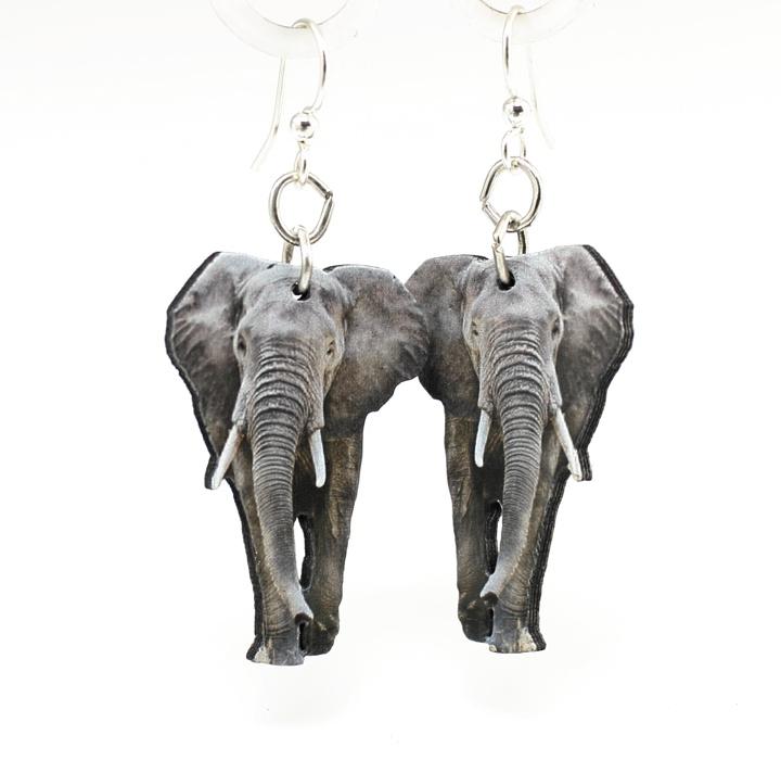 A pair of African Elephant Earrings #1532 made from sustainably sourced wood, featuring a laser-cut design with a natural wood back and silver-finished hypoallergenic ear wires.