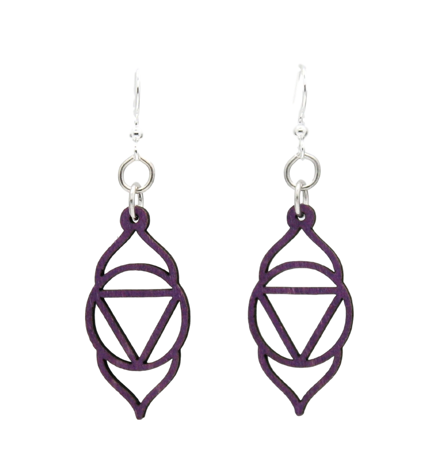 Ajna Chakra Wood Earrings #1631 in purple, made from sustainably sourced wood with silver-finished stainless steel ear wires.