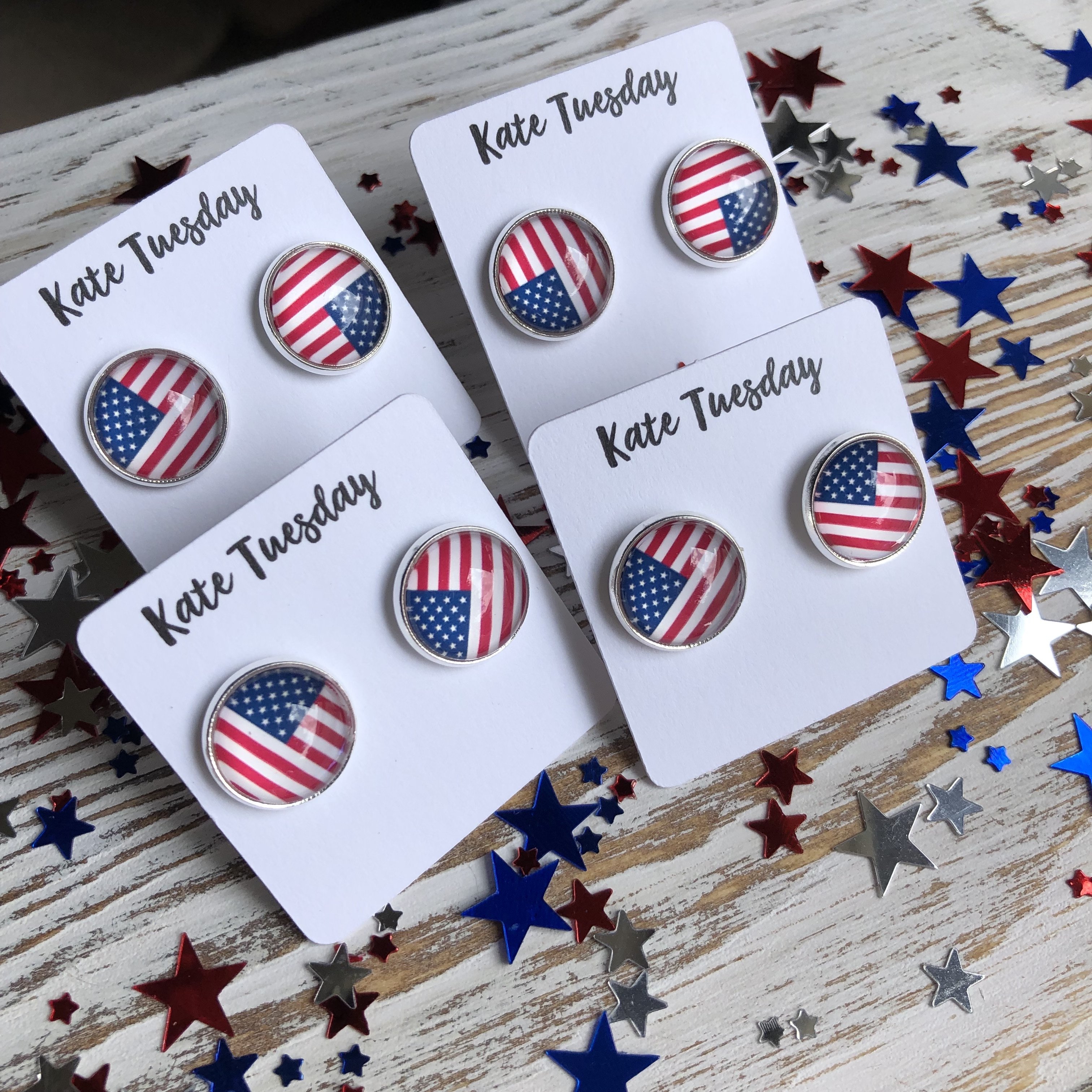 A pair of 12 mm American Flag Earrings with a silver setting, showcasing vibrant colors and a patriotic design.