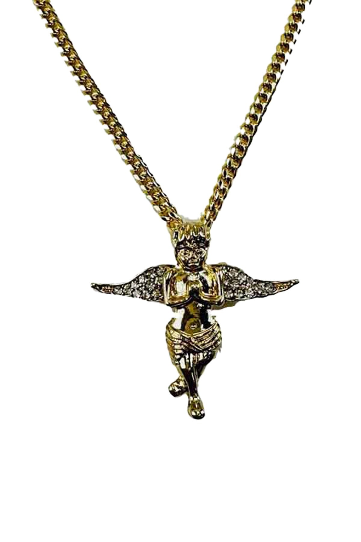 A beautiful angel pendant long necklace featuring a 1.5-inch pendant on a 30-inch chain, secured with a lobster claw clasp.