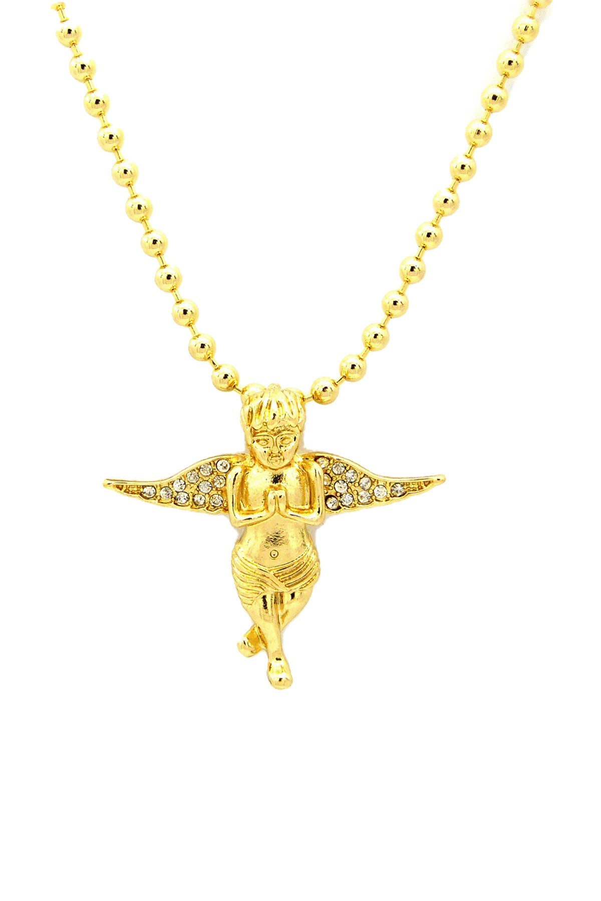 A beautiful angel pendant long necklace featuring a 1.5-inch pendant on a 30-inch chain, secured with a lobster claw clasp.