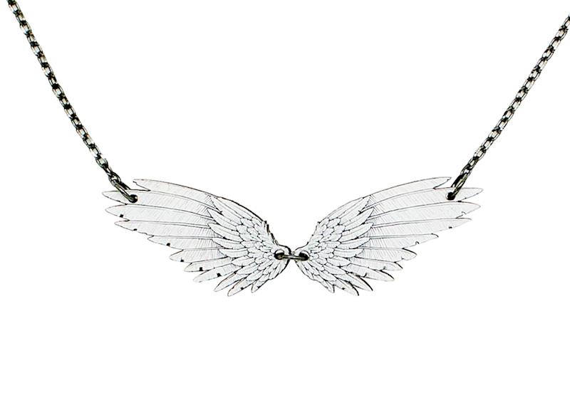 Angel Wing Necklace #6115 made from sustainably sourced wood with a stainless steel chain, featuring a laser-cut design and essential oil diffuser functionality.