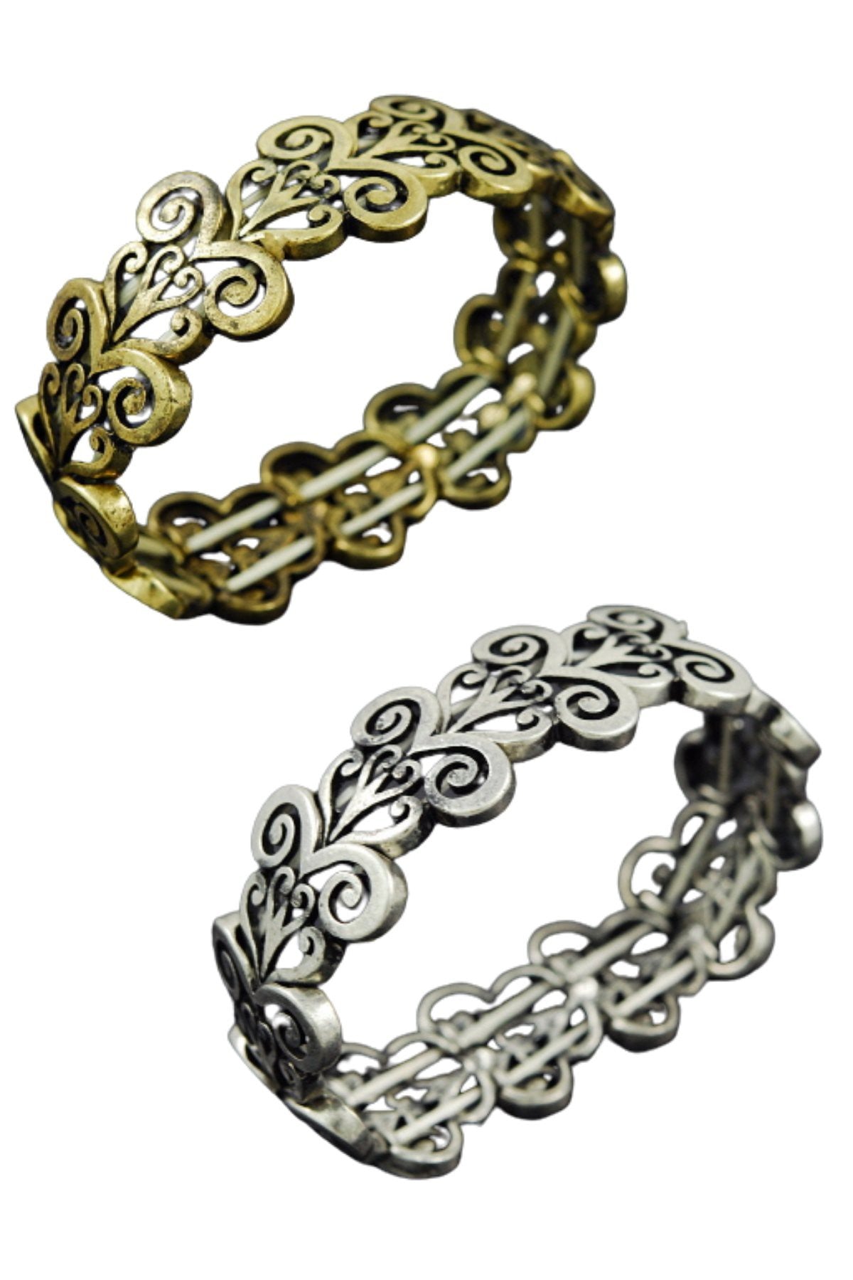 A stretchable antique pattern bracelet with intricate designs, measuring 3/4 inch in width, made in Korea.