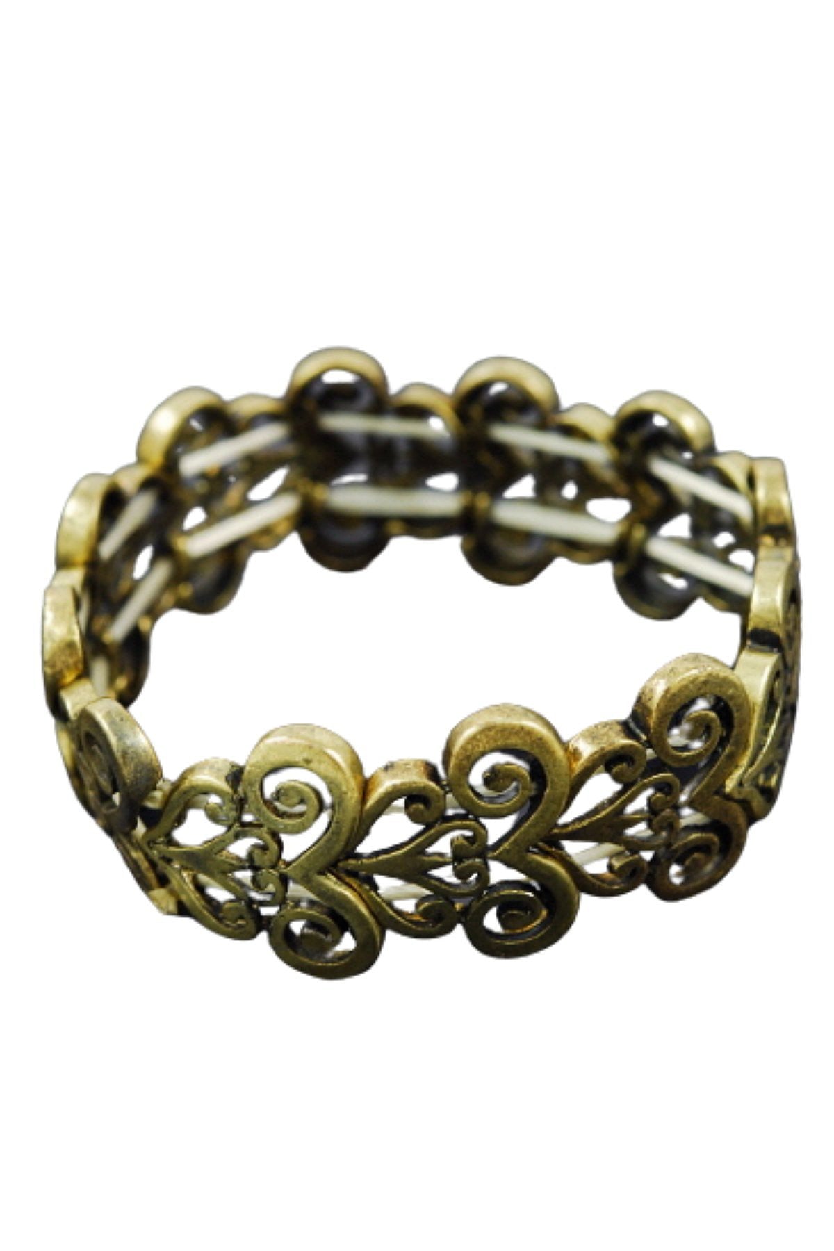 A stretchable antique pattern bracelet with intricate designs, measuring 3/4 inch in width, made in Korea.