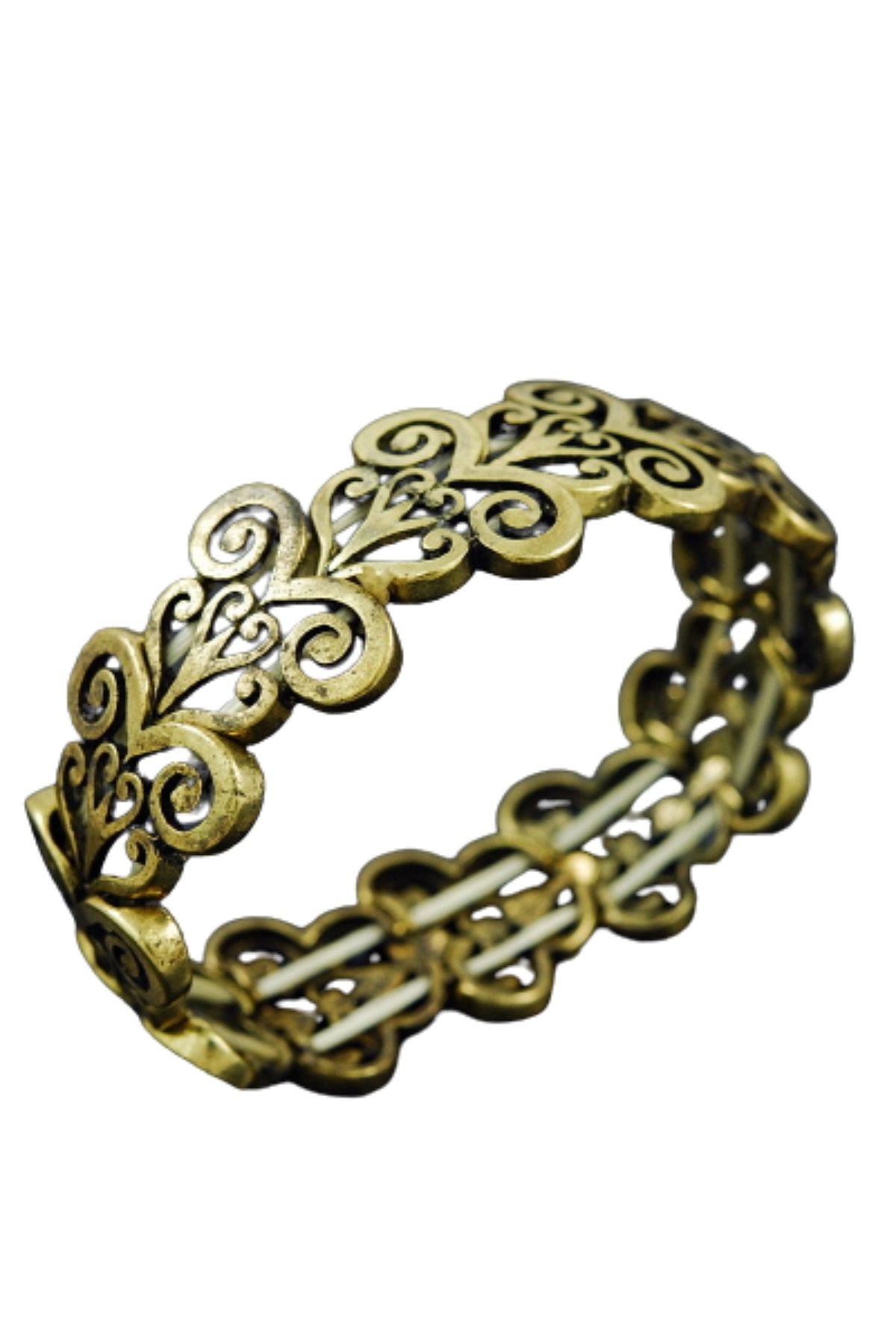 A stretchable antique pattern bracelet with intricate designs, measuring 3/4 inch in width, made in Korea.