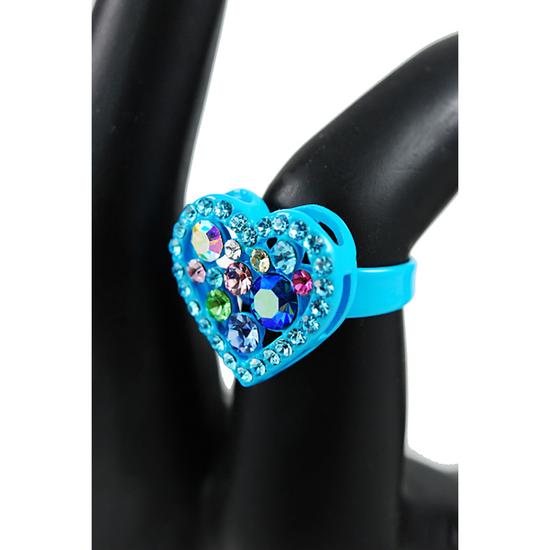 Blue heart ring with rhinestones.