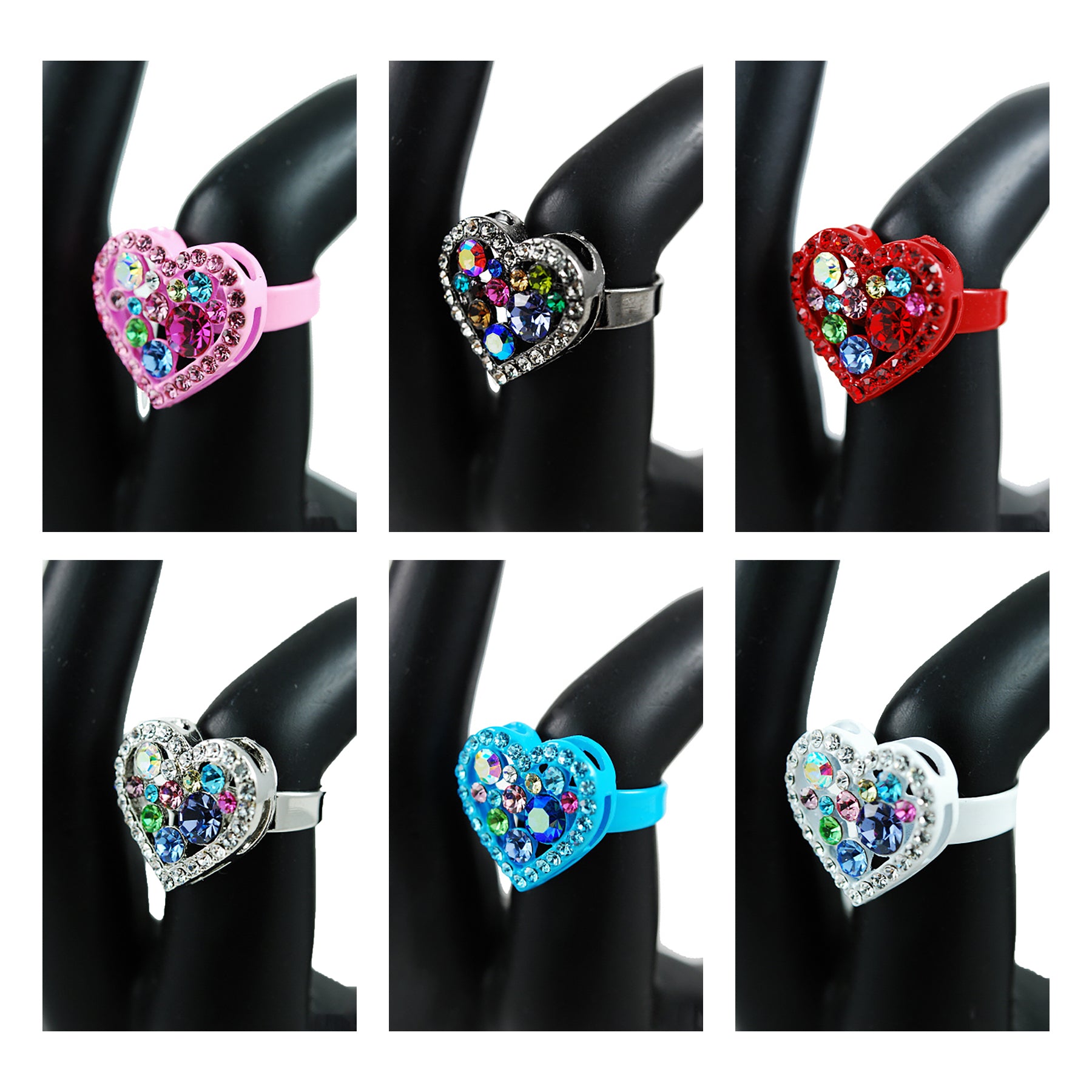 Heart-shaped rings with colorful gems.