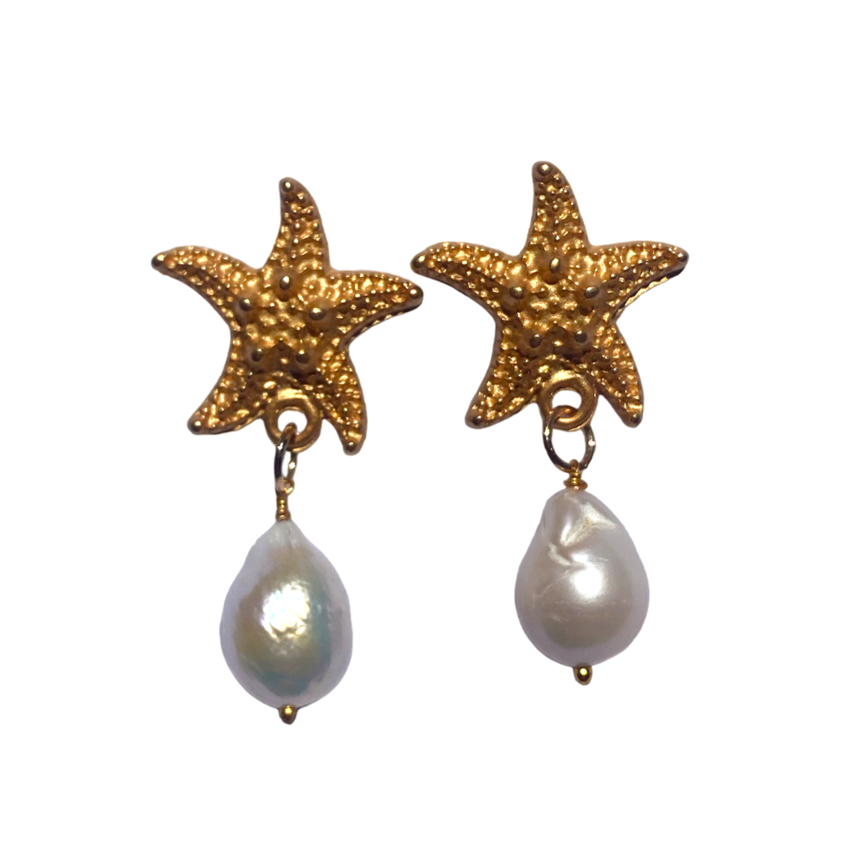 Handcrafted APHRODITE'S STAR EARRINGS featuring a golden starfish and baroque pearl, inspired by Sicilian beauty.