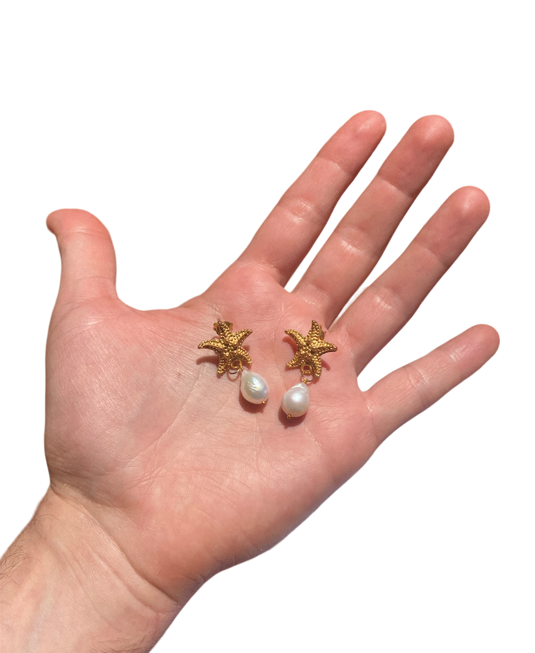 Handcrafted APHRODITE'S STAR EARRINGS featuring a golden starfish and baroque pearl, inspired by Sicilian beauty.