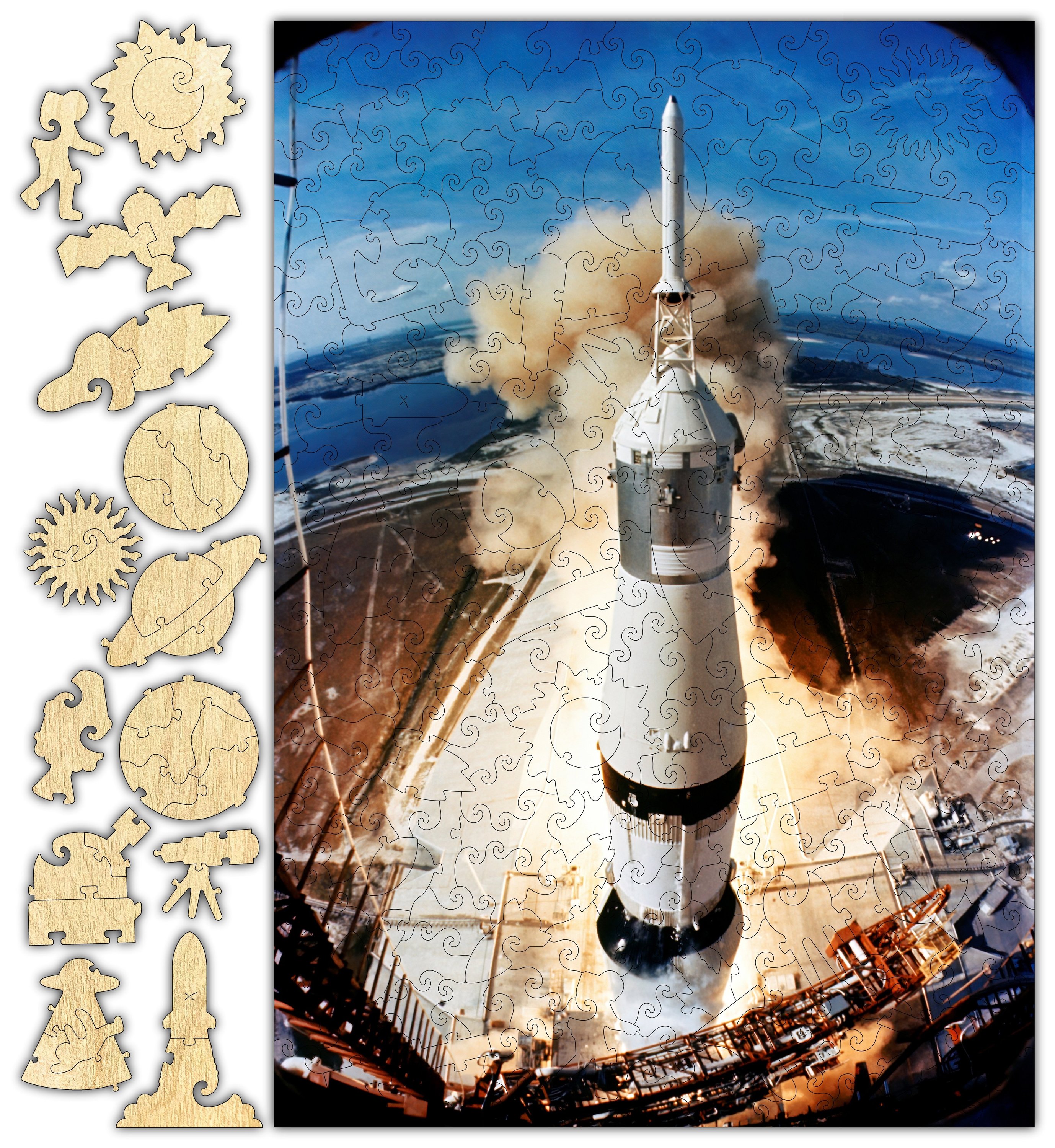 Apollo 11 Whimsical Puzzle featuring vibrant artwork and precision-cut pieces, displayed in a cardboard box.