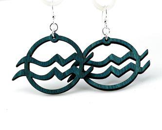 Aquarius Earrings #1401 made from sustainably sourced wood, featuring a teal color and silver-finished stainless steel ear wires.