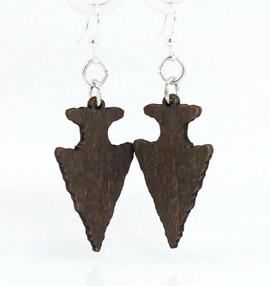 A pair of brown Arrow Head Earrings #1281 made from sustainably sourced wood, featuring a unique arrowhead design and hypoallergenic stainless steel ear wires.