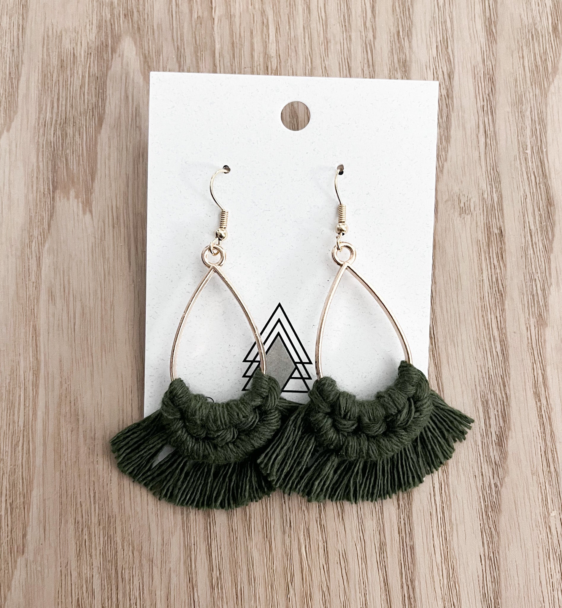 Elegant Autumn Green Teardrop earrings made from 100% cotton cord, showcasing a lightweight and stylish design.