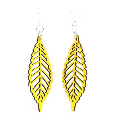 A pair of Autumn Leaf Earrings #1456 made from sustainably sourced wood, featuring a vibrant Lemon Yellow color and silver-finished hypoallergenic ear wires.