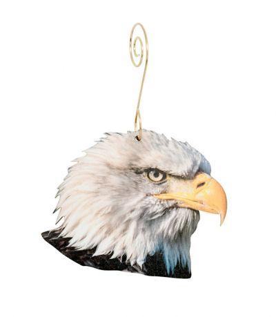 Bald Eagle Ornament #9962 made from eco-friendly birch wood or recycled paper, showcasing intricate details and a glossy finish.