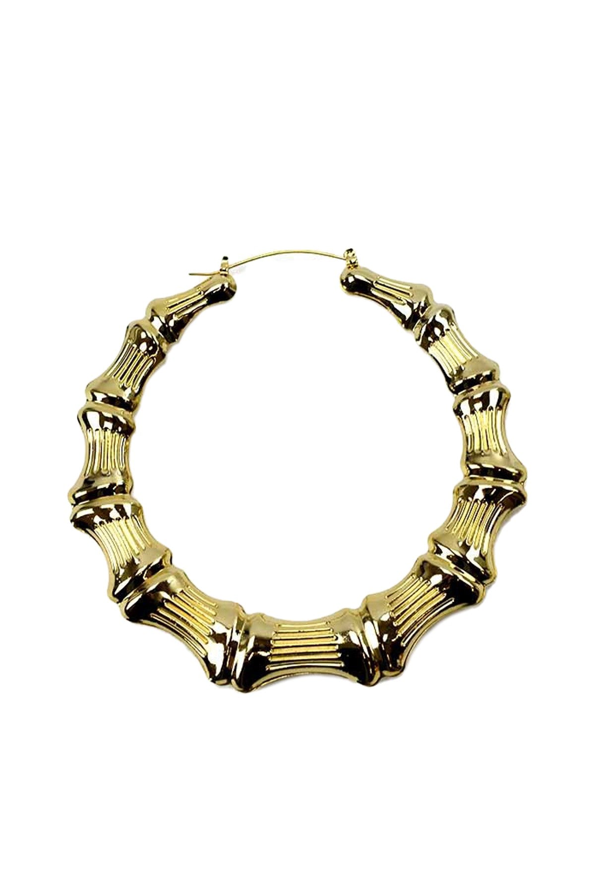 Large bamboo hoop earrings with a textured finish, featuring a double plated design and lever back closure, lightweight and stylish.