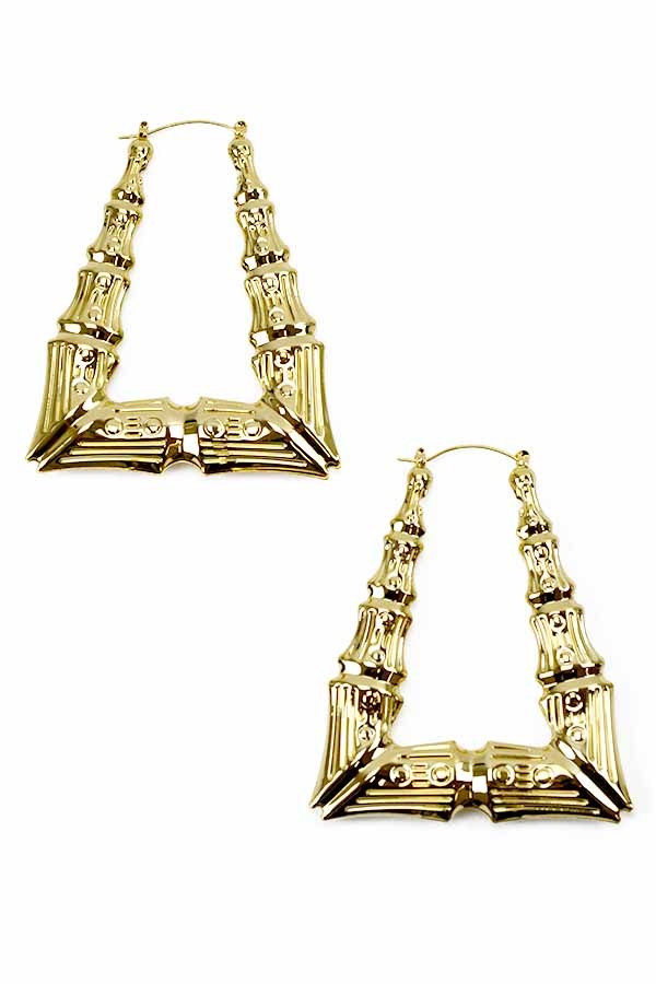 Large triangle bamboo earrings with double plated texture and lever back closure, showcasing a stylish and eco-friendly design.