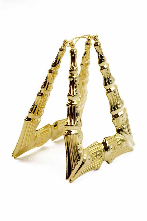 Large triangle bamboo earrings with double plated texture and lever back closure, showcasing a stylish and eco-friendly design.