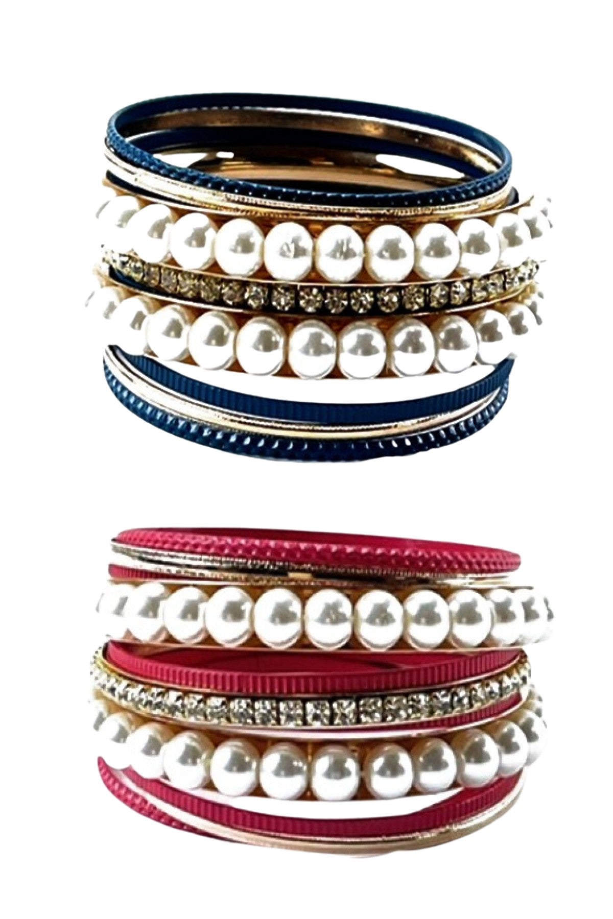 Elegant Pearl with Rhinestone Multi Bangle Bracelet showcasing its beautiful design and sparkling details.