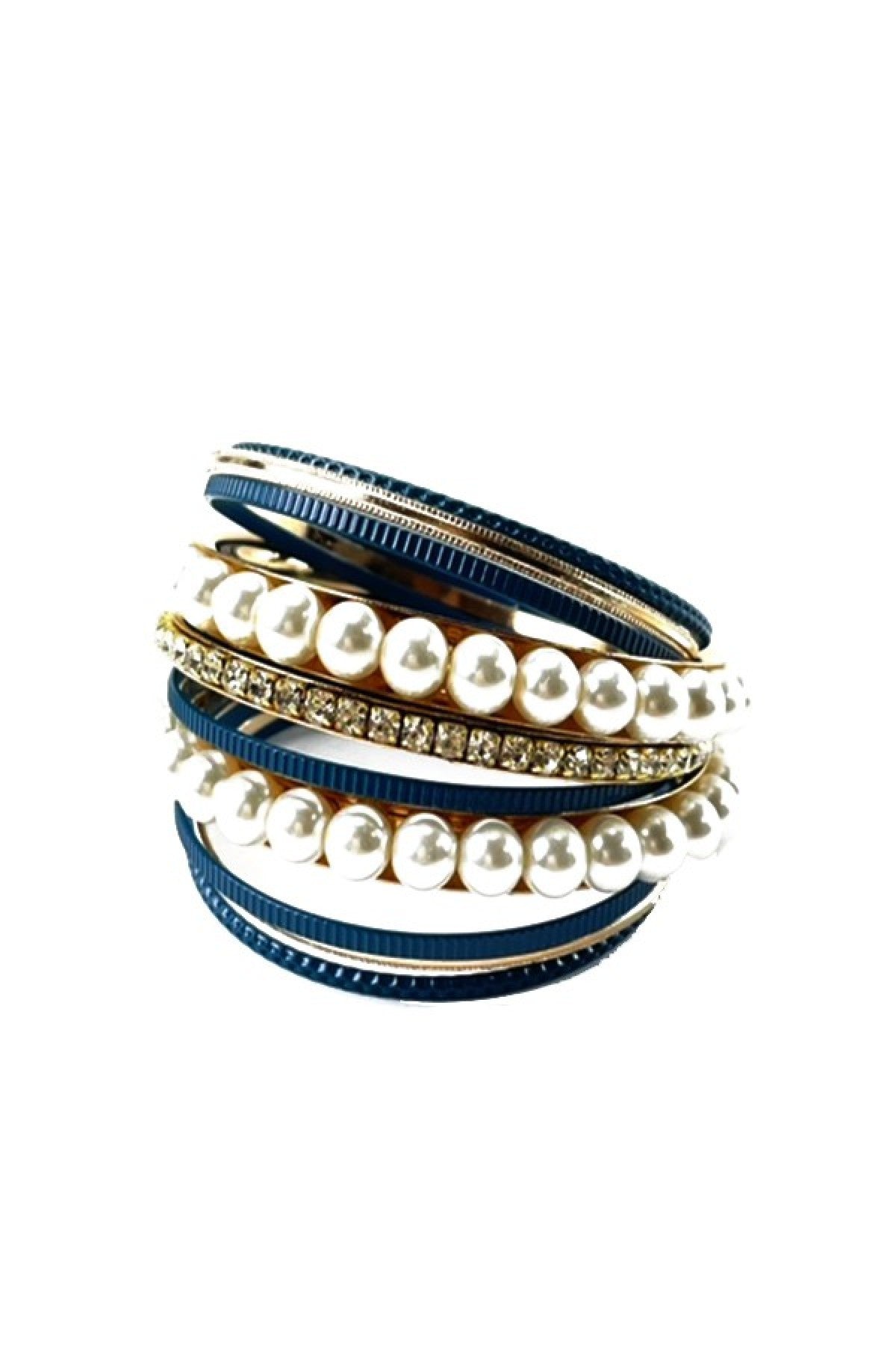 Elegant Pearl with Rhinestone Multi Bangle Bracelet showcasing its beautiful design and sparkling details.