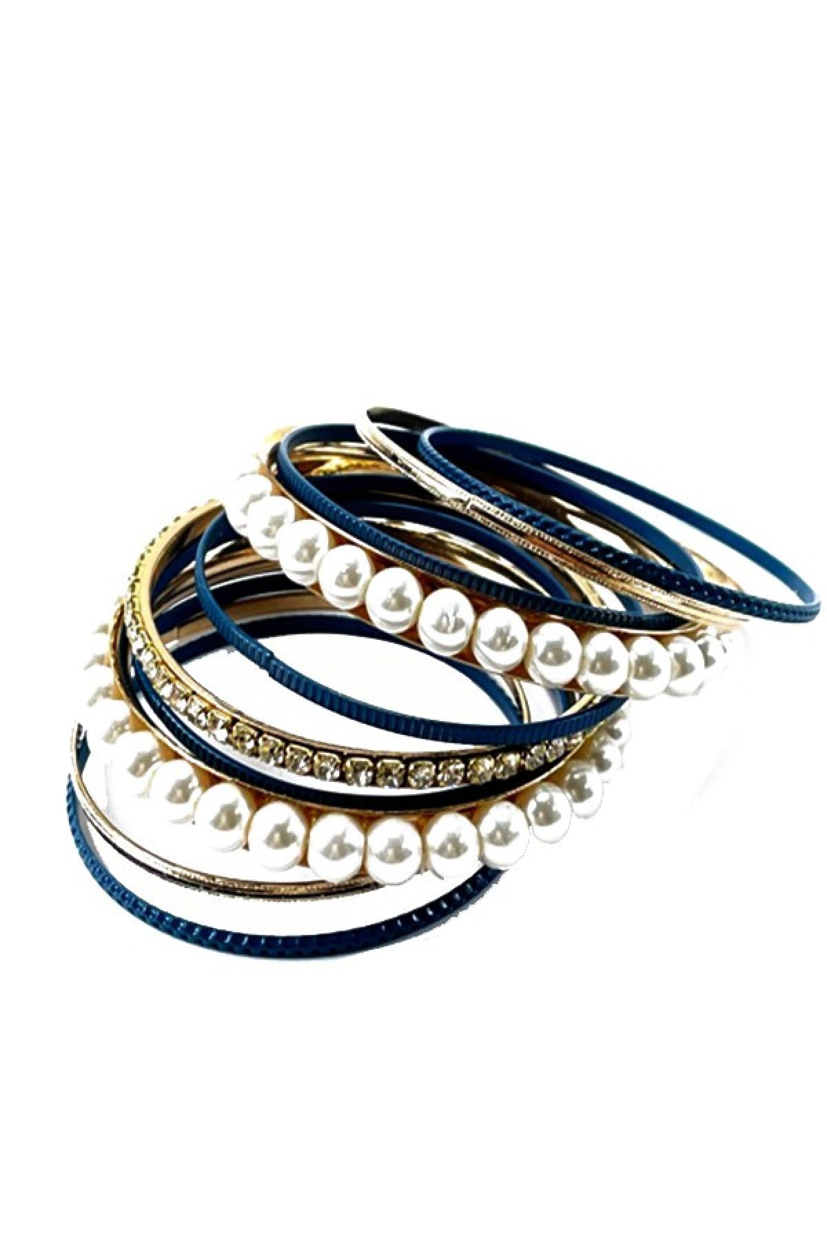 Elegant Pearl with Rhinestone Multi Bangle Bracelet showcasing its beautiful design and sparkling details.