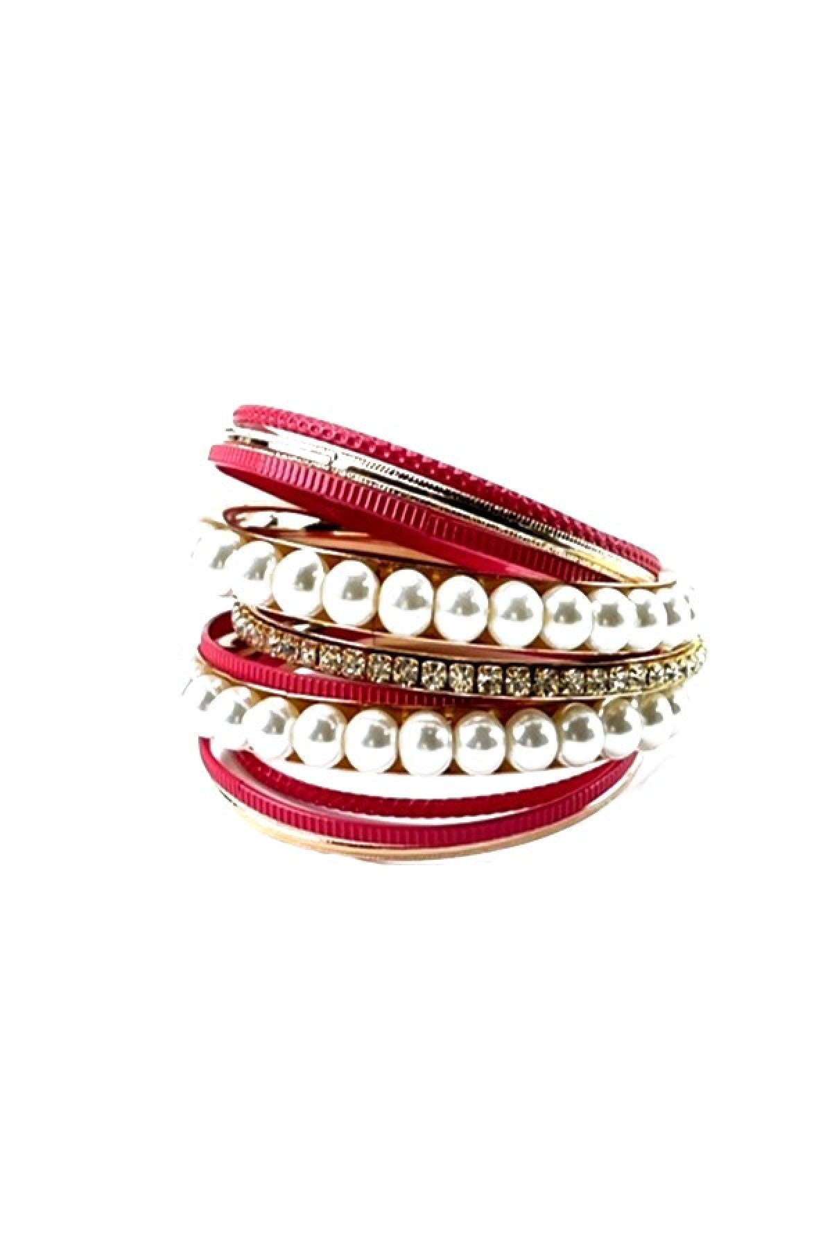 Elegant Pearl with Rhinestone Multi Bangle Bracelet showcasing its beautiful design and sparkling details.