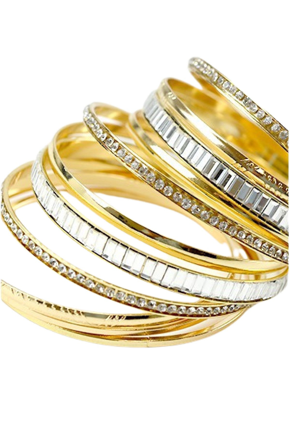 A set of 11 crystal accent bangle bracelets with a shiny finish, showcasing their elegant design and approximate 2.75-inch diameter.