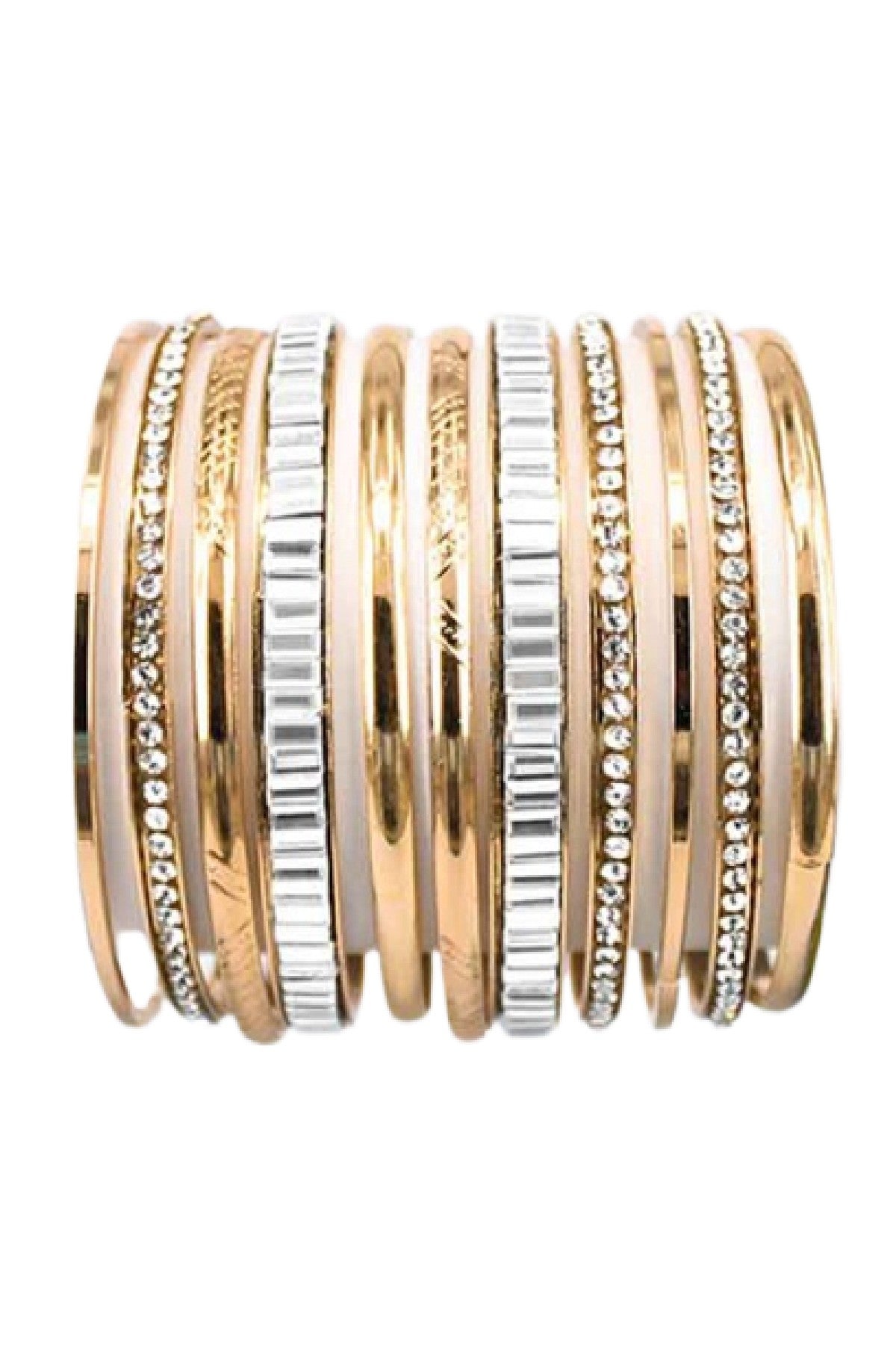 A set of 11 crystal accent bangle bracelets with a shiny finish, showcasing their elegant design and approximate 2.75-inch diameter.