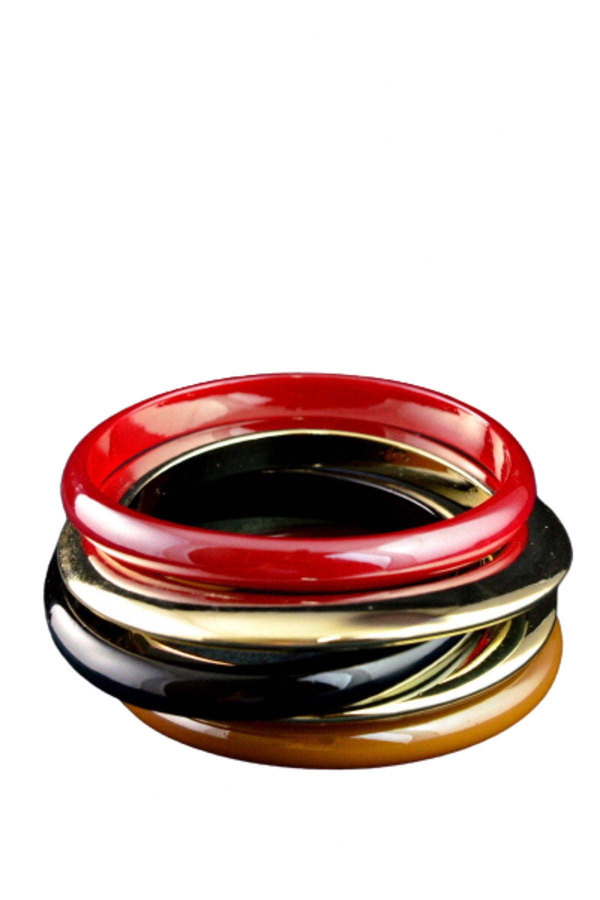 A stylish bangle set featuring five glossy bangles, perfect for accessorizing any outfit.