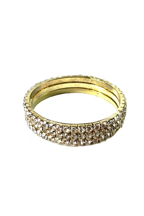 A beautiful set of three rhinestone bangles, showcasing sparkling embellishments and a comfortable fit.