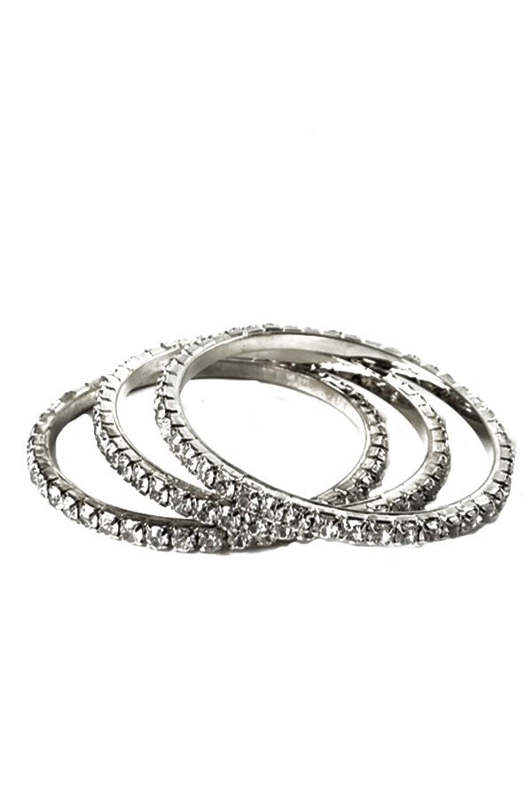 A beautiful set of three rhinestone bangles, showcasing sparkling embellishments and a comfortable fit.