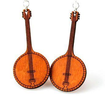 A pair of vibrant Tangerine Banjo Earrings #1425 made from sustainably sourced wood, featuring intricate laser-cut designs and hypoallergenic stainless steel ear wires.