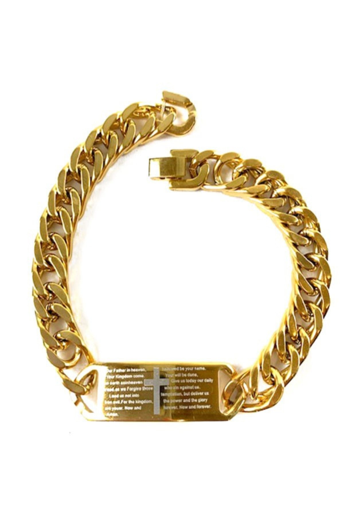 Gold plated bar link chain bracelet with fold-over clasp, showcasing elegant design and comfortable fit.