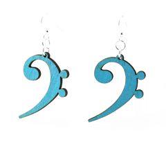 Bass Clef Earrings made from sustainably sourced wood, featuring a unique design in Aqua Marine color with hypoallergenic stainless steel ear wires.