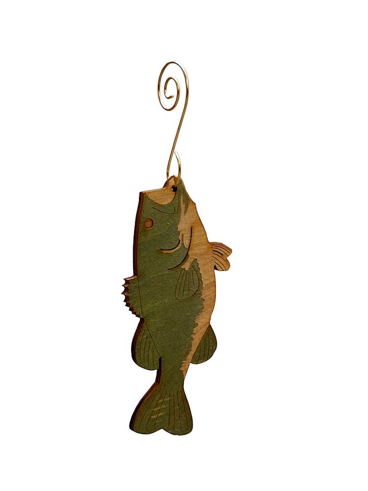 Bass Fish Ornament #9892 made from eco-friendly birch wood, featuring intricate laser-cut details and a water-based stain finish.