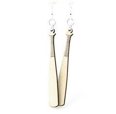 A pair of stylish baseball bat earrings made from sustainably sourced wood, featuring silver-finished stainless steel ear wires.