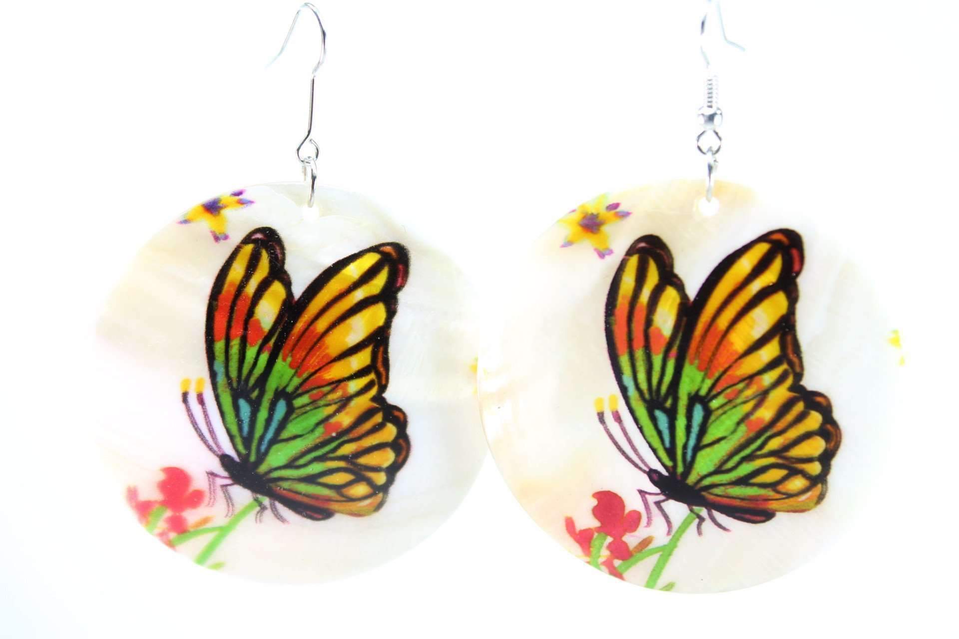 Basking Butterfly Mother Of Pearl Earrings featuring vibrant butterfly design on pink flower background, handcrafted with natural luster.