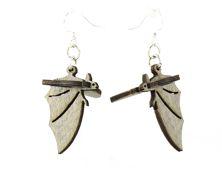 A pair of 3D bat earrings made from sustainably sourced wood, featuring a gray color and hypoallergenic stainless steel ear wires.