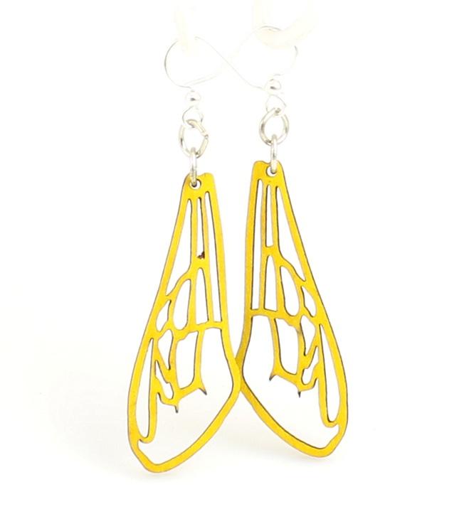 Bee Wing Earrings #1045 in vibrant Lemon Yellow, made from sustainably sourced wood with silver-finished stainless steel ear wires.