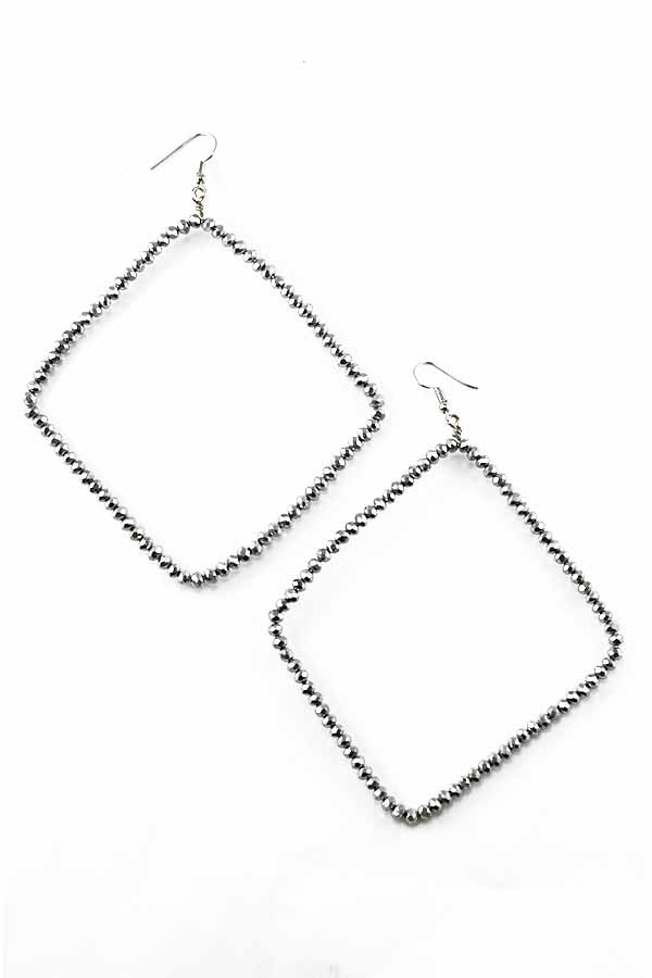 Elegant beaded rhombus shaped drop earrings with fish hook design, showcasing intricate beadwork and a 4-inch drop length.