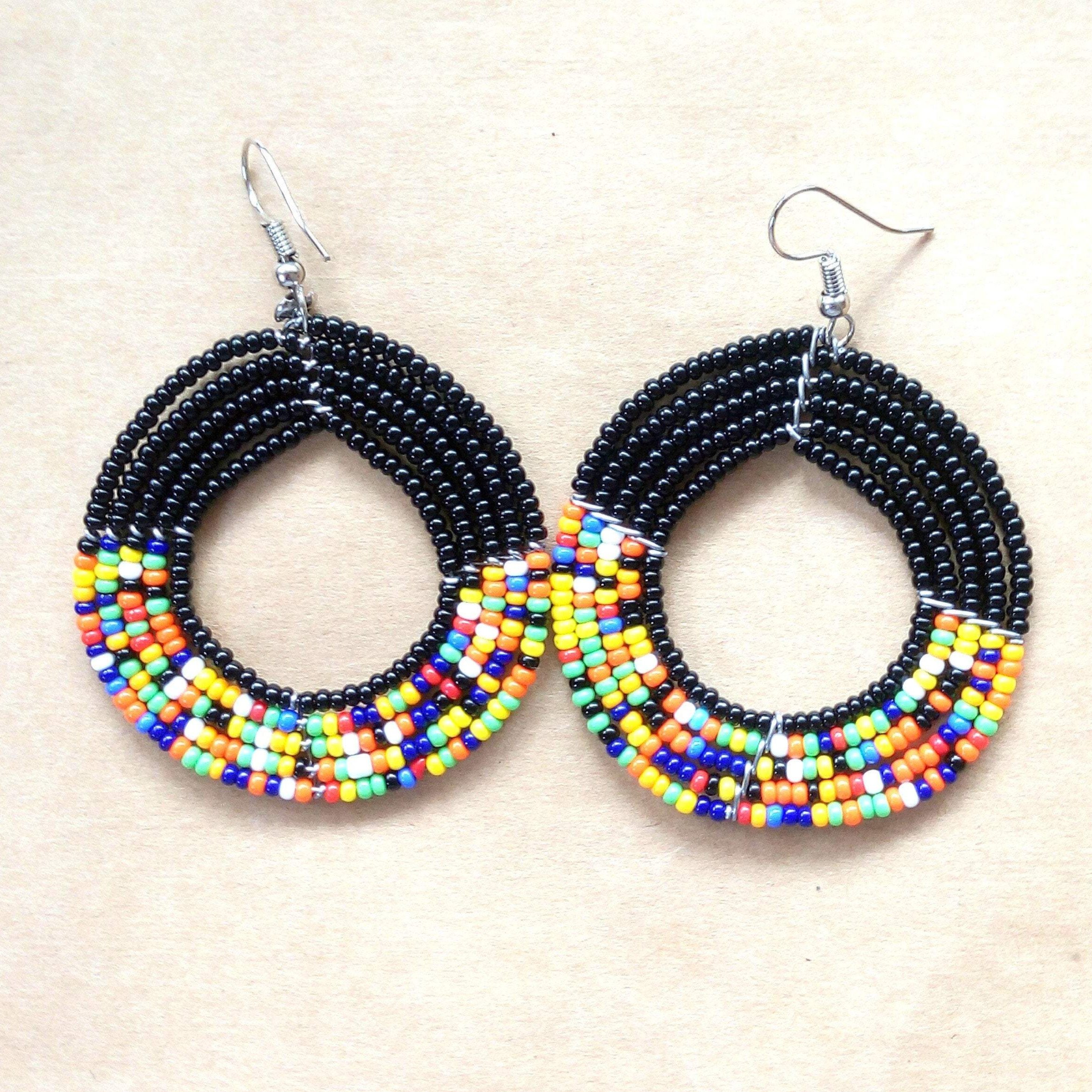 Colorful Beaded Round Maasai Hoop Earrings, showcasing intricate beadwork and a lightweight design, perfect for any occasion.