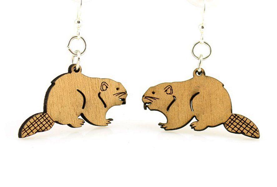 A pair of Beaver Earrings #1321 made from sustainably sourced wood, featuring a unique laser-cut design and hypoallergenic stainless steel ear wires.