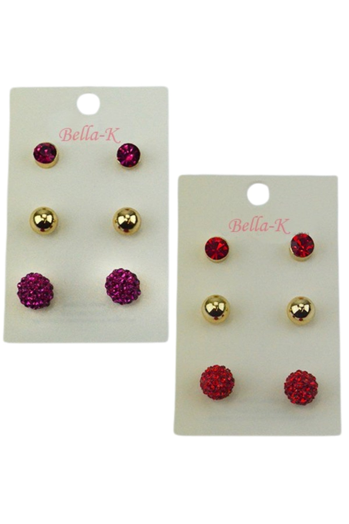 Bella K's Fashion Earring Set featuring three stylish earrings in various colors, designed for versatility and elegance.