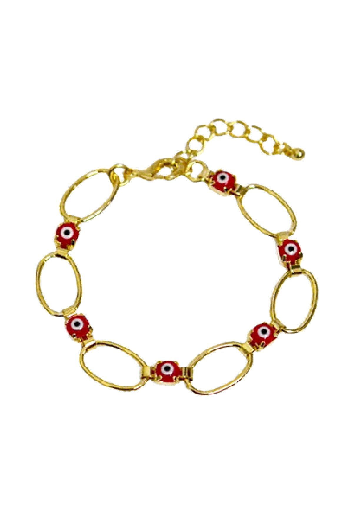 Bella-K New Fashion Evil Eyes Beads Link Bracelet featuring gold plating and colorful beads in coral, red, turquoise, and blue.