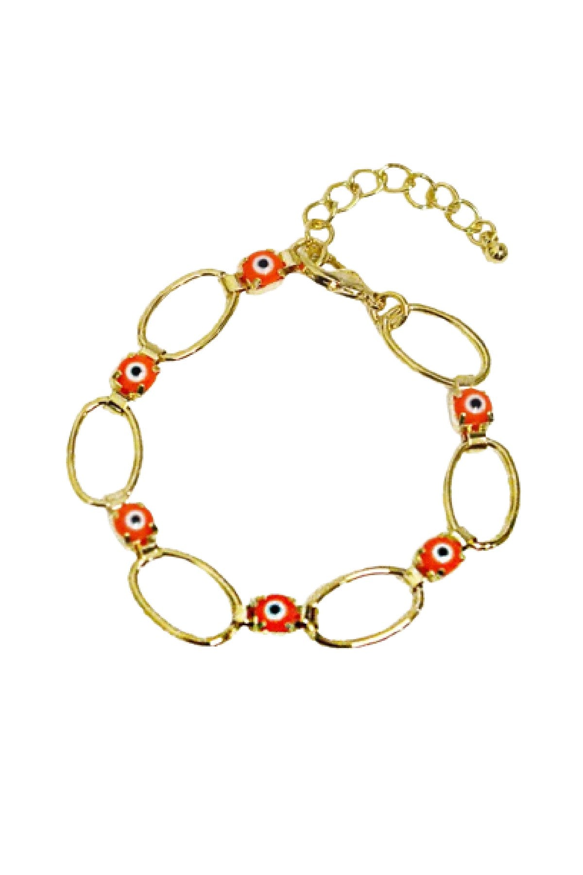 Bella-K New Fashion Evil Eyes Beads Link Bracelet featuring gold plating and colorful beads in coral, red, turquoise, and blue.