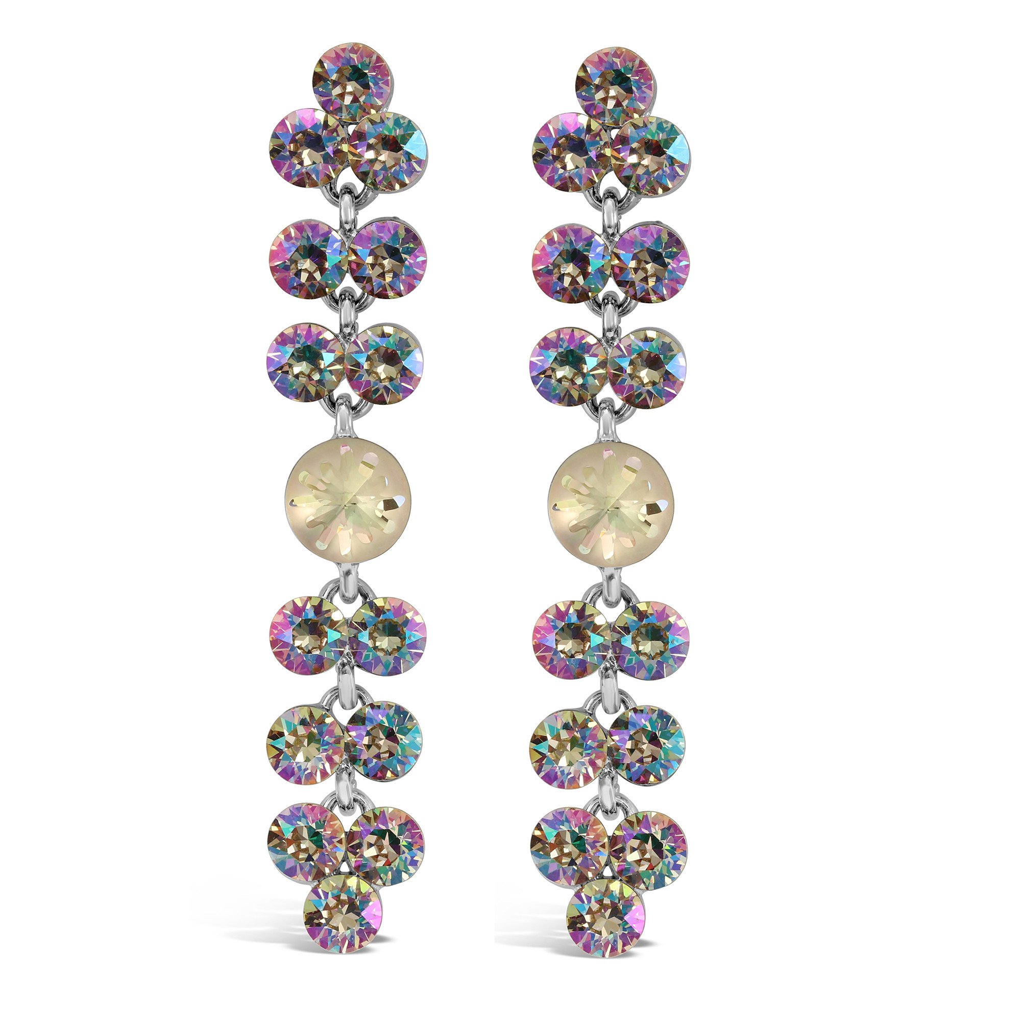 Bermuda Drop Earrings featuring hand-set Swarovski crystals in a silver tone alloy setting, elegantly displayed in a KP pink jewelry box.