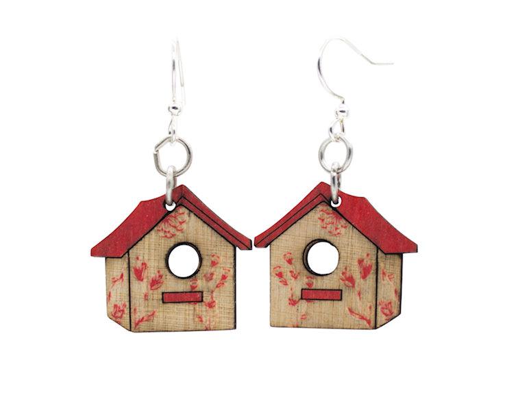 Bird House Blossom Earrings made from sustainably sourced wood with silver-finished stainless steel ear wires, featuring a floral design.