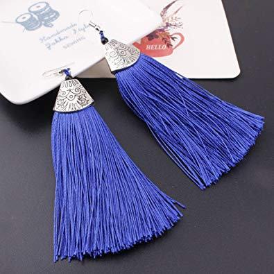 Black tassel earrings featuring a drop and dangle design, made from high-quality thread with a metal cap.