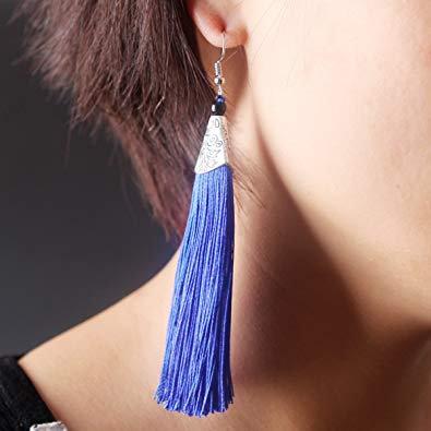 Black tassel earrings featuring a drop and dangle design, made from high-quality thread with a metal cap.